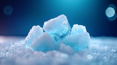 Ice cubes on snow with bokeh background. 3d rendering