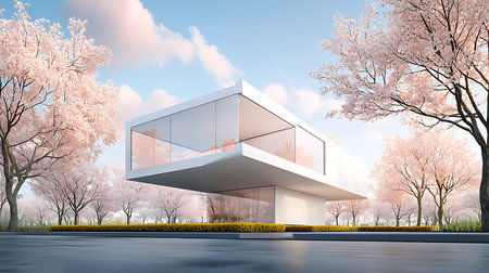 3d rendering of modern cozy house with pool and parking for sale or rent with beautiful cherry...