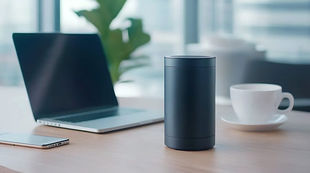 Laptop and coffee cup on wooden table in modern office room.