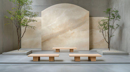 3D rendering of a modern interior design with marble and wooden benchの写真素材
