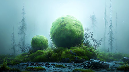 Fantasy landscape with a green planet in the mist. 3d renderingの写真素材