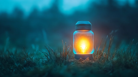 Lantern on the grass in the forest at night. Camping concept.の写真素材