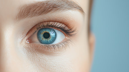 Close-up of a beautiful woman's blue eye with eyelashesの写真素材