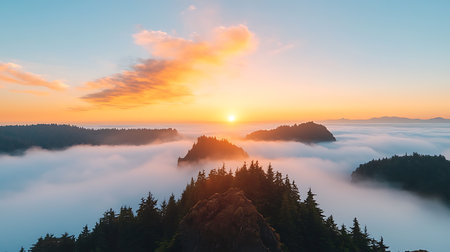 Sunrise over the sea of fog in the forest.の写真素材