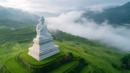 Buddha statue on terraced rice fields in Mu Cang Chai, YenBai, Vietnam