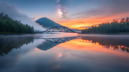 Mountain and bridge in the mist at sunrise. Landscape.の写真素材