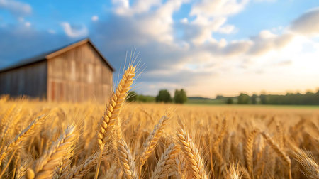 Wheat field and barn in the background. Rural scene. Agriculture conceptの写真素材