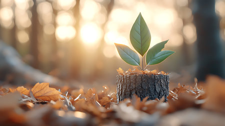 Young sprout growing from a tree stump in the autumn forest.