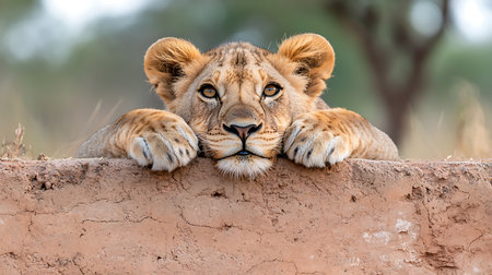 Lion cub lies on a wall in the Chobe National Park, Botswana.の写真素材