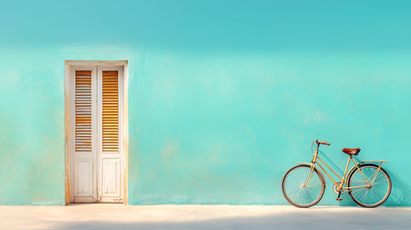 Bicycle in front of blue wall with white door, 3D rendering
