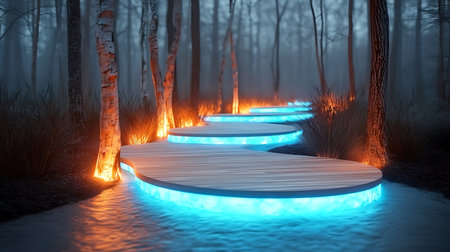 Wooden platform in the forest with blue neon light. 3d renderingの写真素材