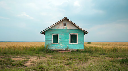 Abandoned old wooden house in the field. Conceptual imageの写真素材