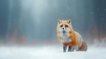 Red fox in the winter forest with snowfall. Wild animal.の写真素材