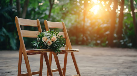Wedding chair with bouquet of flowers in the garden.の写真素材