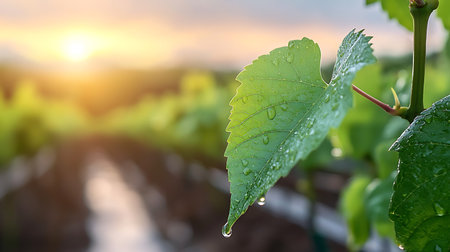Green grape leaves with water drops in vineyard at sunset, close upの写真素材