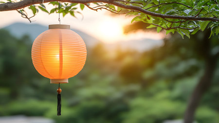 Lantern on the tree with sunset background, Chinese lantern.