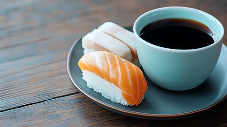Sushi and cup of coffee on wooden table - Japanese food styleの写真素材