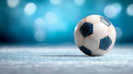 Soccer ball on blue bokeh background. 3d illustration