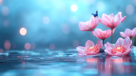 Beautiful pink lotus flowers with butterfly on blue bokeh backgroundの写真素材