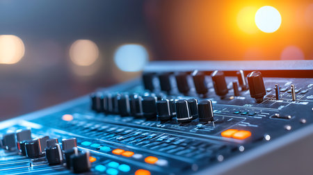 Close up of professional sound mixer control panel with shallow depth of field
