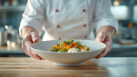 Chef preparing salad in the kitchen, close-up of handsの写真素材