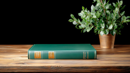 Book on wooden table and black background with eucalyptusの写真素材