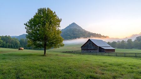 Landscape with a barn and a cow in the morning mist.の写真素材