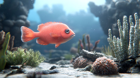 Red fish in the aquarium. Underwater world. 3d rendering