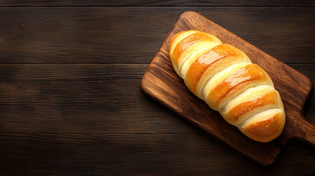 Freshly baked croissant on wooden cutting board, top view