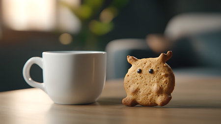 Cup of coffee and cookie on table in room, closeup