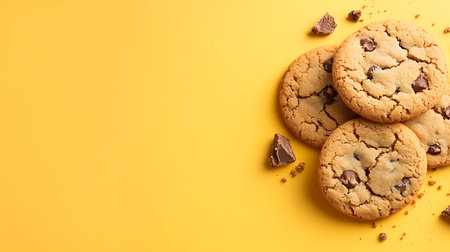 Chocolate chip cookies on yellow background, top view. Space for text