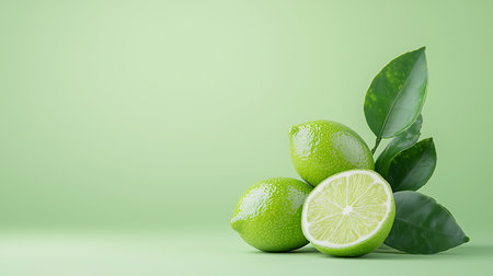 Fresh limes with green leaves on green background with copy space.の写真素材