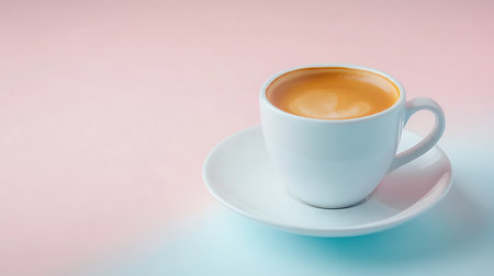Cup of coffee on pastel pink and blue background with copy spaceの写真素材