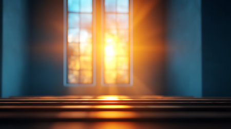 Empty wooden table in dark room with window and sunlight. 3D Renderingの写真素材