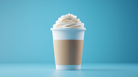 Paper cup of coffee with whipped cream on blue background. 3D Rendering