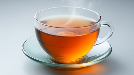 Cup of tea with steam on white background, close-upの写真素材