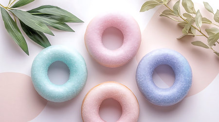 Colorful donuts on pastel background. Flat lay, top viewの写真素材