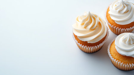 Cupcakes with white frosting on a white background, copy spaceの写真素材
