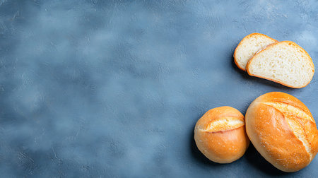 Bread rolls on blue background. Top view with copy space.