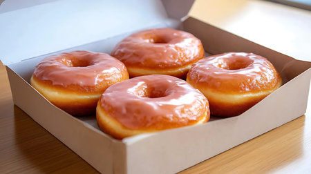 Donuts in a box on a wooden table. Selective focus.の写真素材