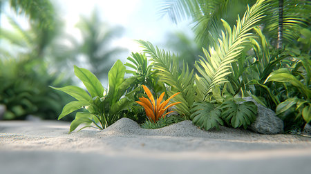 3d render of a green tropical plant in the sand with palm treesの写真素材