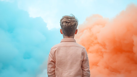 Young man looking at the sky with clouds in the background. The concept of the future.