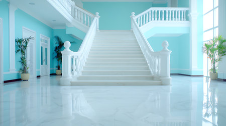 White stairs in modern house,3d rendering. Computer digital drawing.の写真素材