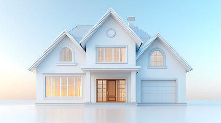 3D render of a house on a blue sky background with cloudsの写真素材