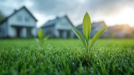 Green seedling growing out of the grass in front of a houseの写真素材