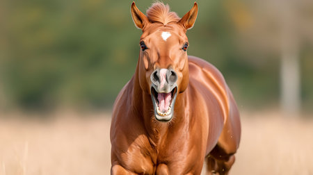 portrait of a bay horse with open mouth in the field in autumnの写真素材