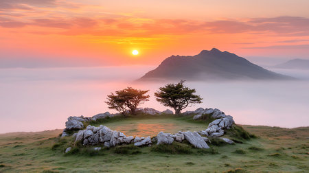 Foggy sunrise in the mountains. Beautiful landscape with lonely tree.の写真素材