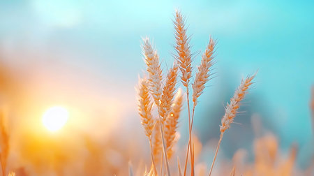 ears of wheat on a background of the setting sun in the fieldの写真素材