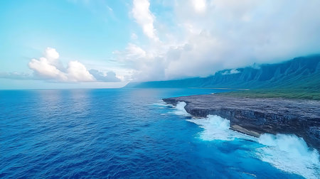 Beautiful seascape with turquoise ocean and volcanic mountains