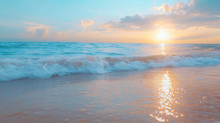 Beautiful sunset on the beach. Seascape with sun and waves